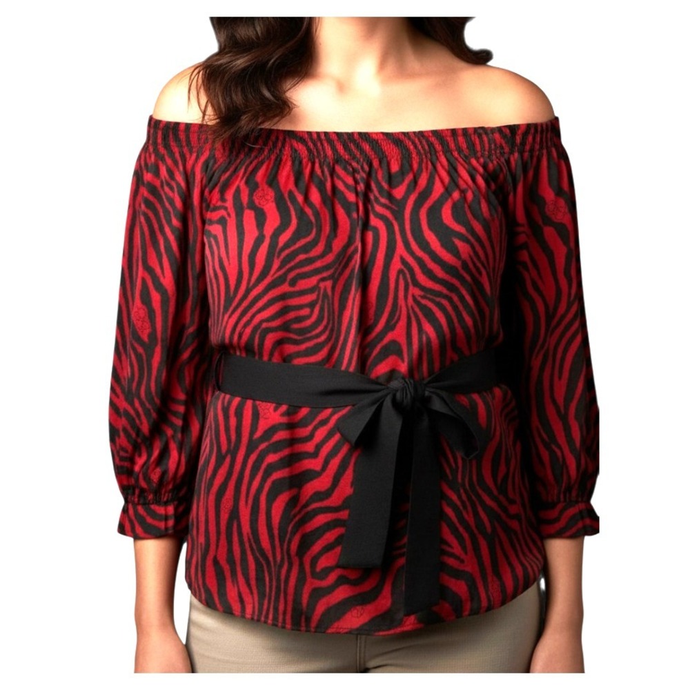 VTG Y2K Baby Phat Blouse Top RED/BLACK ANIMAL STRIPES Off-The-Shoulder Belt SZ M